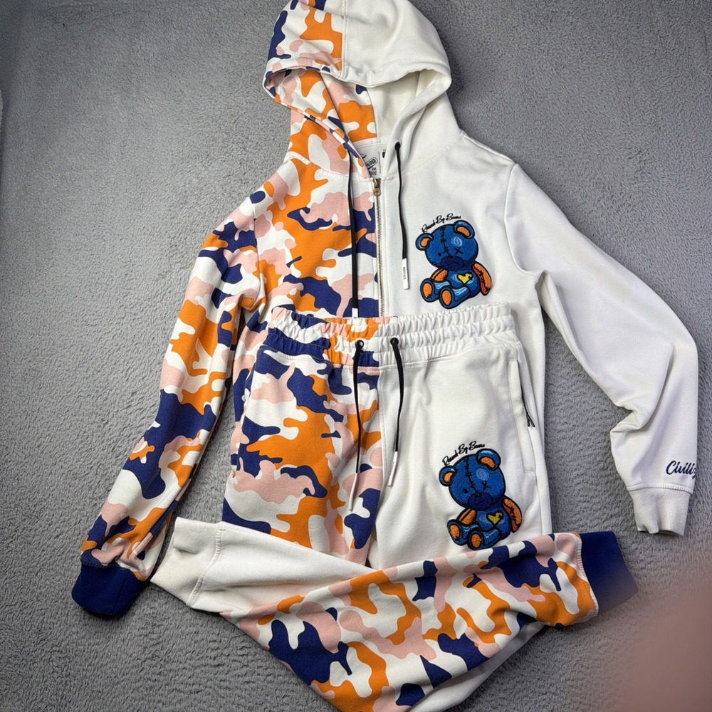 Civilized Camo Bear Hoodie & Pants women's small Embroidered Hip Hop Streetwear